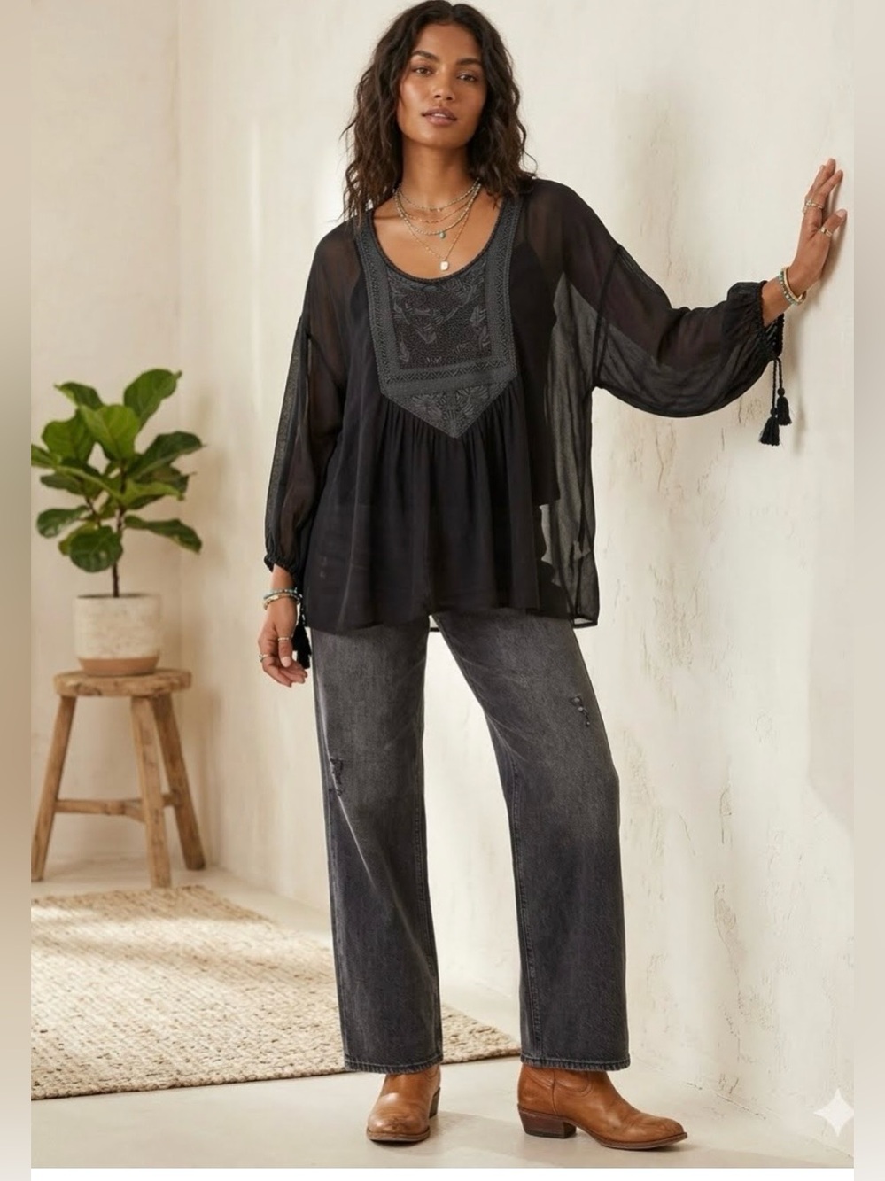 World Market Black Sheer Women's Boho Long Sleeve Top S/M